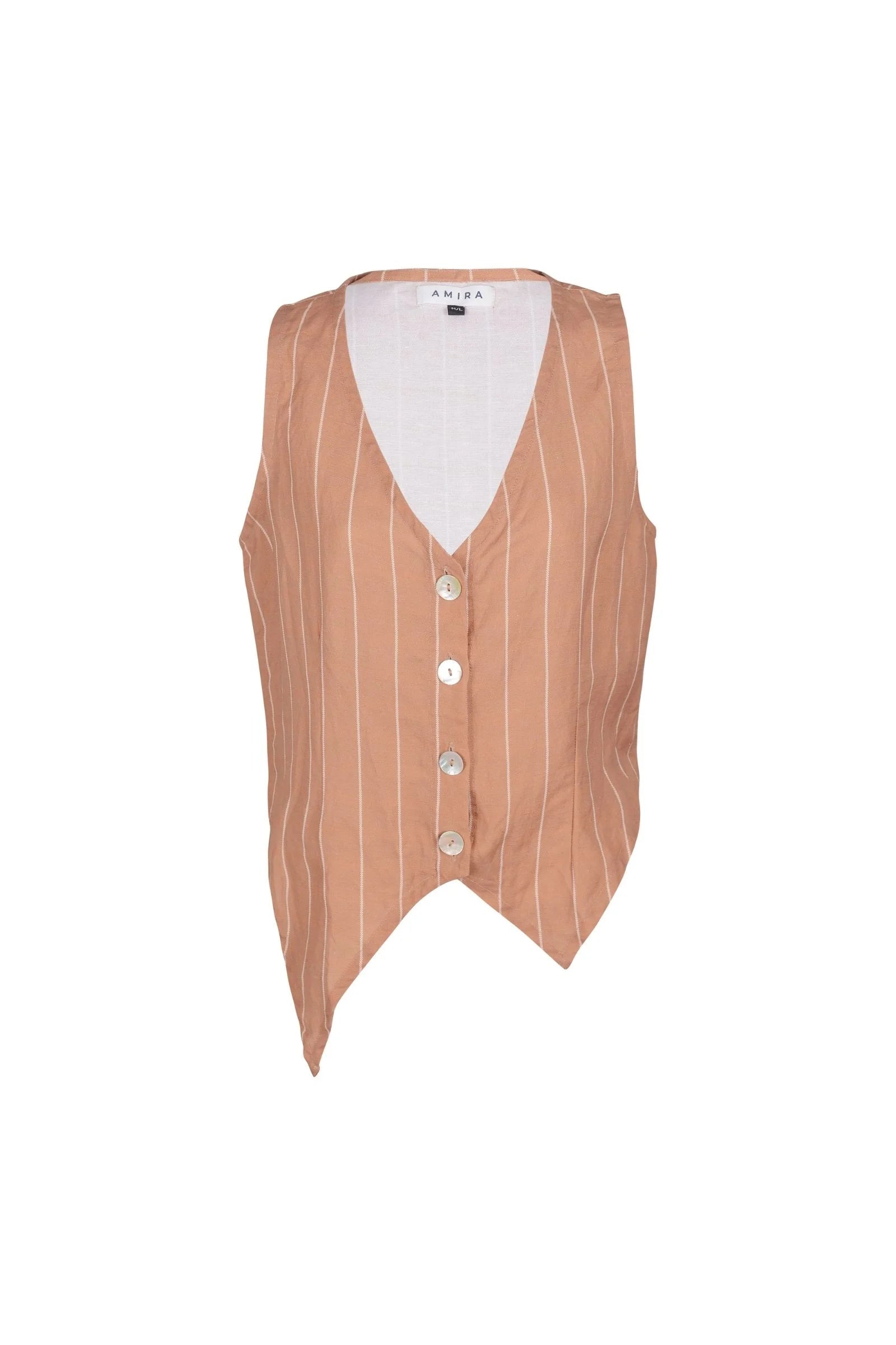 Women’s Brown Pin Stripe Linen Vest S/M Amira Collective