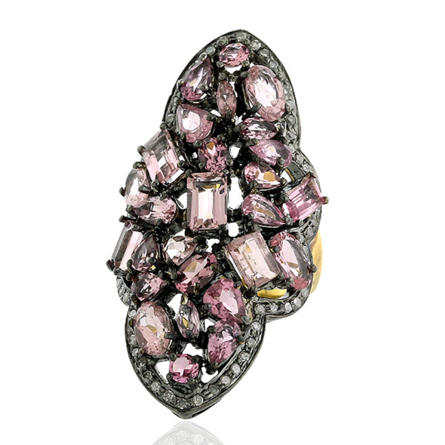 Women’s White / Gold / Silver Tourmaline Cluster Ring 925 Sterling Silver Diamond 18K Gold Artisan