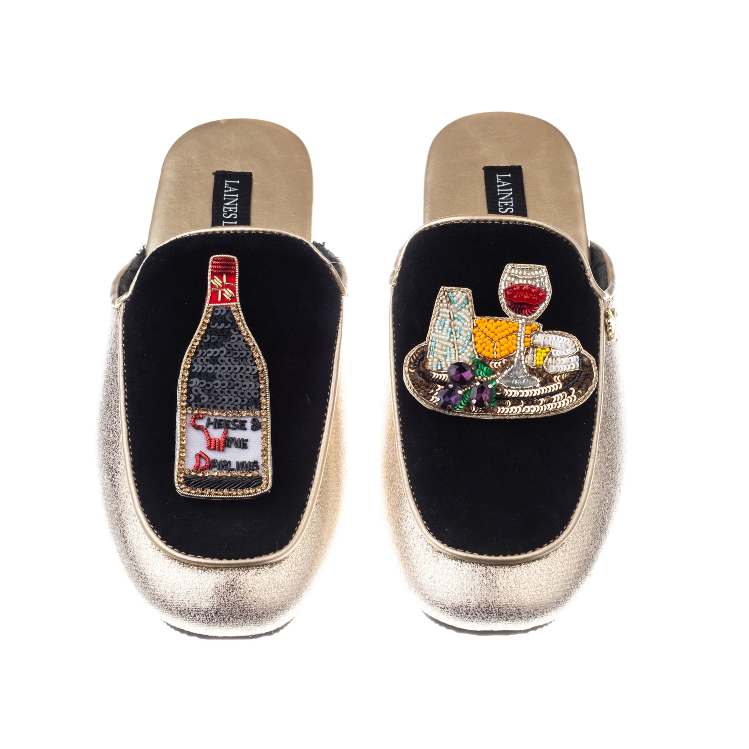 Women’s Black / Gold Classic Mules With Cheese & Wine Brooches - Black & Gold Large Laines London