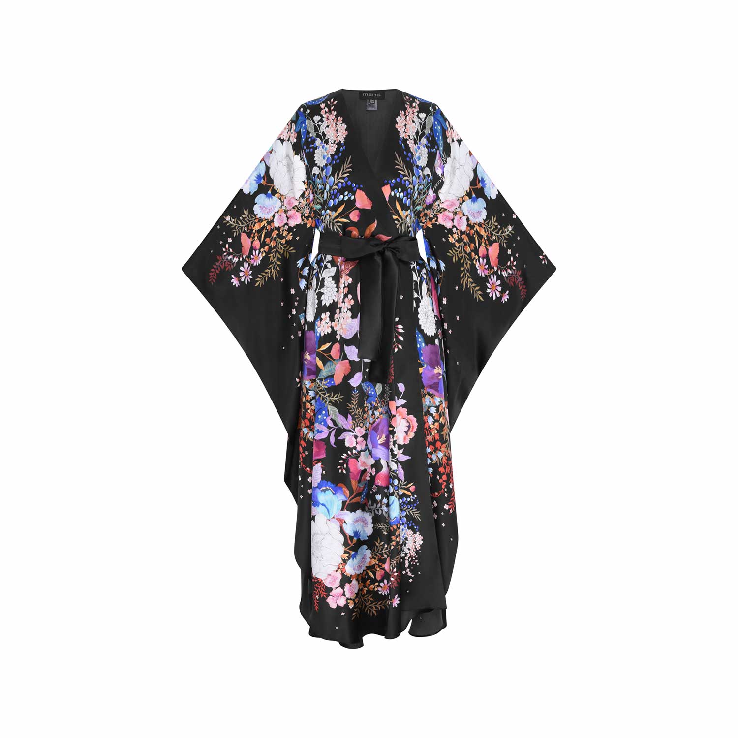 Women’s Black Watercolour Flowers Silk Satin Wrap Dress One Size Meng