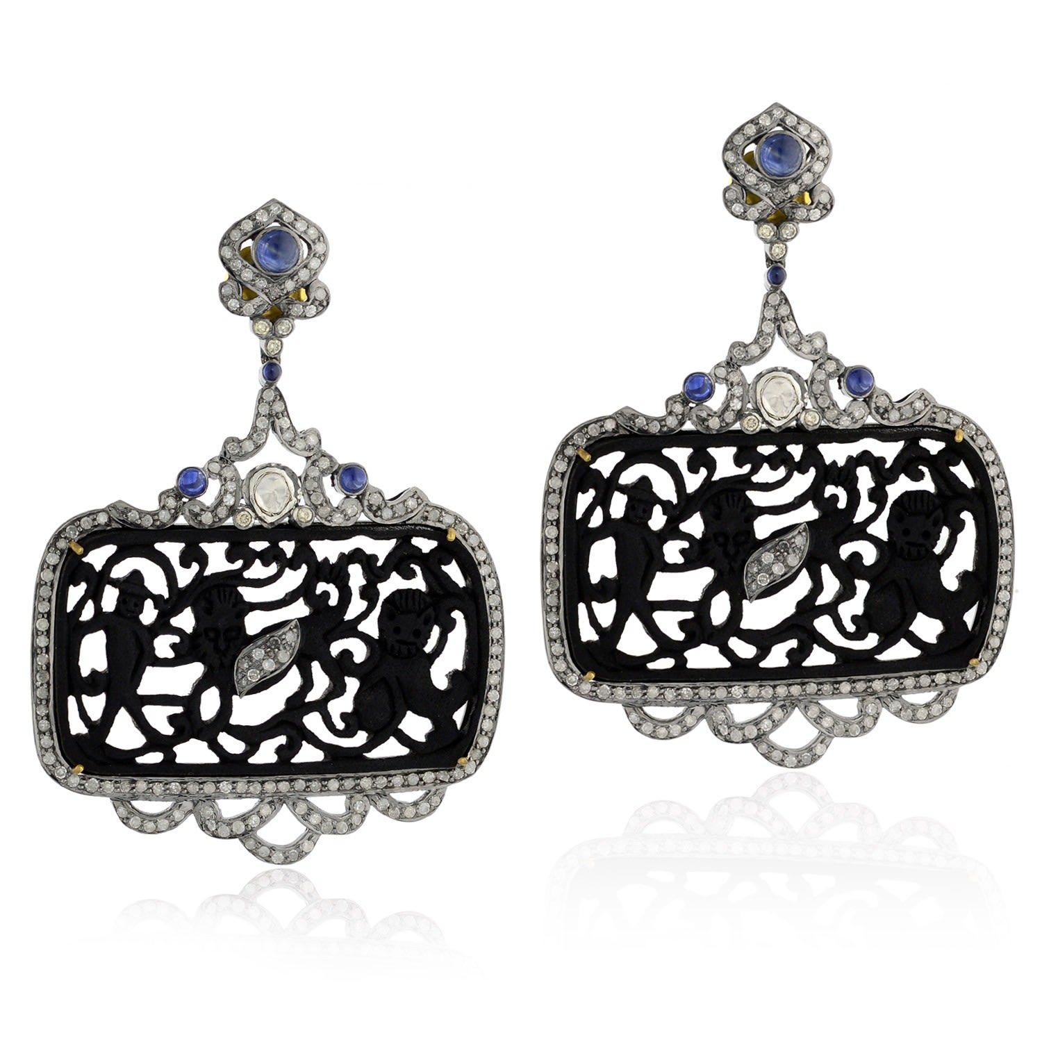 Women’s Black / Silver / White 925 Sterling Silver 18K Gold Carving Jet Pave Diamond Animal Theme Dangle Earrings Sapphire Jewelry Artisan