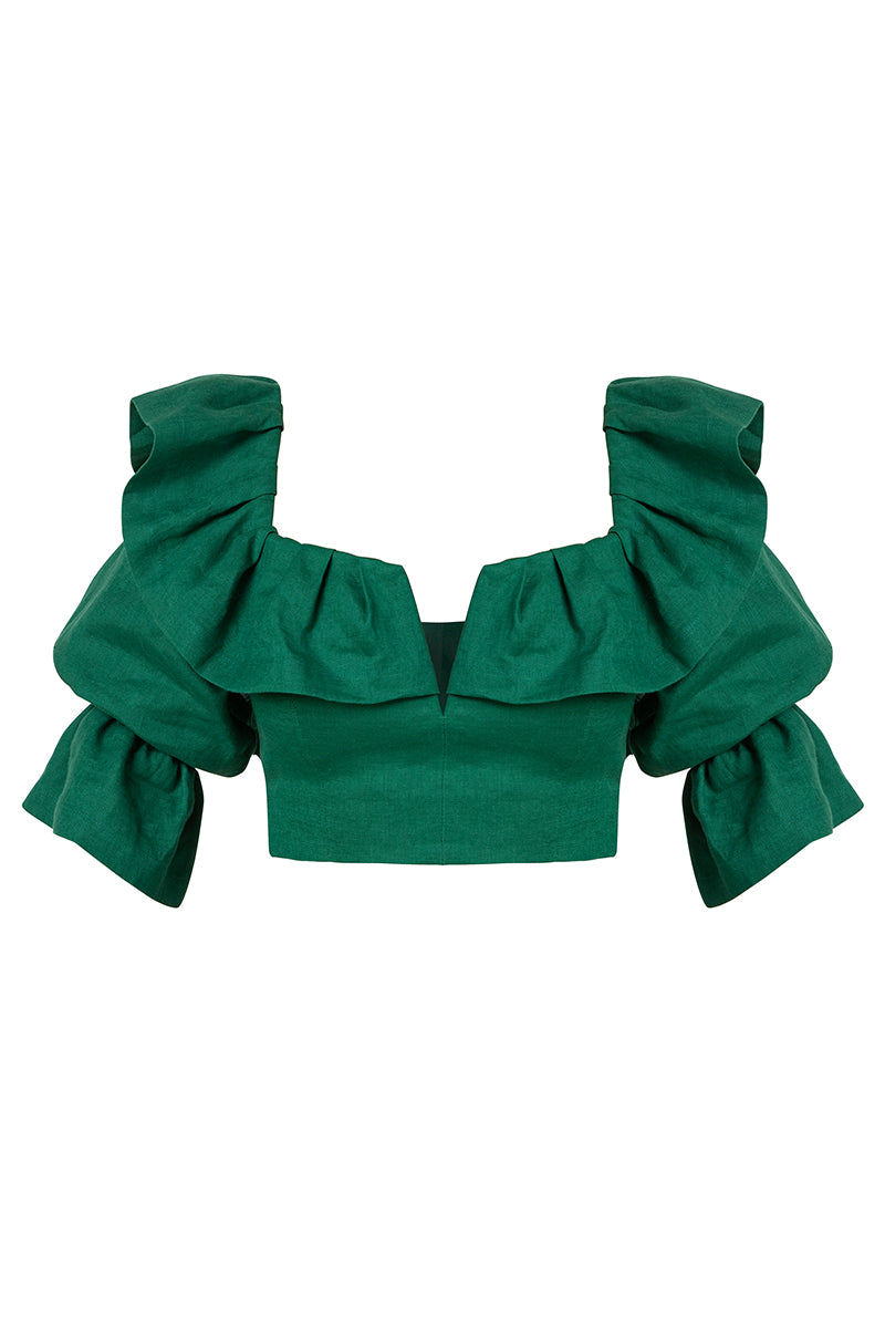 Women’s Linen Off Shoulder Frill Crop Top In Green Extra Small ClichÃ© Reborn