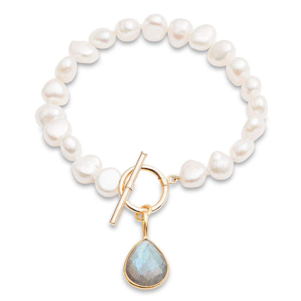 Women’s Neutrals / White Clara White Cultured Freshwater Pearl Bracelet With A Labradorite Drop Pendant Pearls of the Orient Online