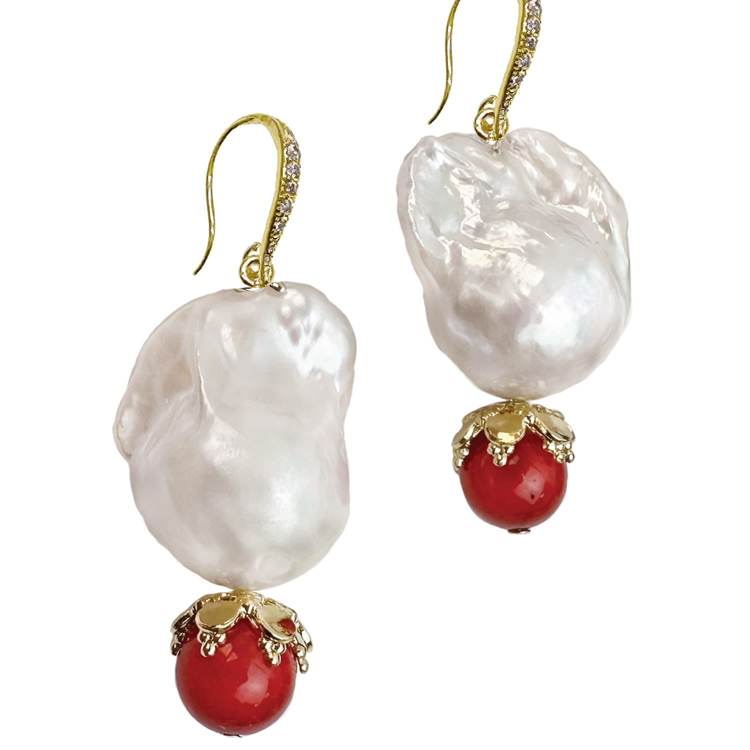 Women’s Red / White Classic Baroque Pearl With Red Coral Dangle Earrings Farra