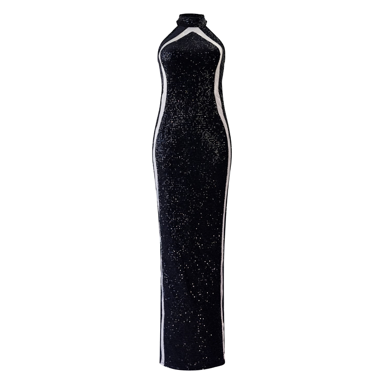 Women’s Black Zita Mesh Paneled Sequin Long Dress Small Inamore