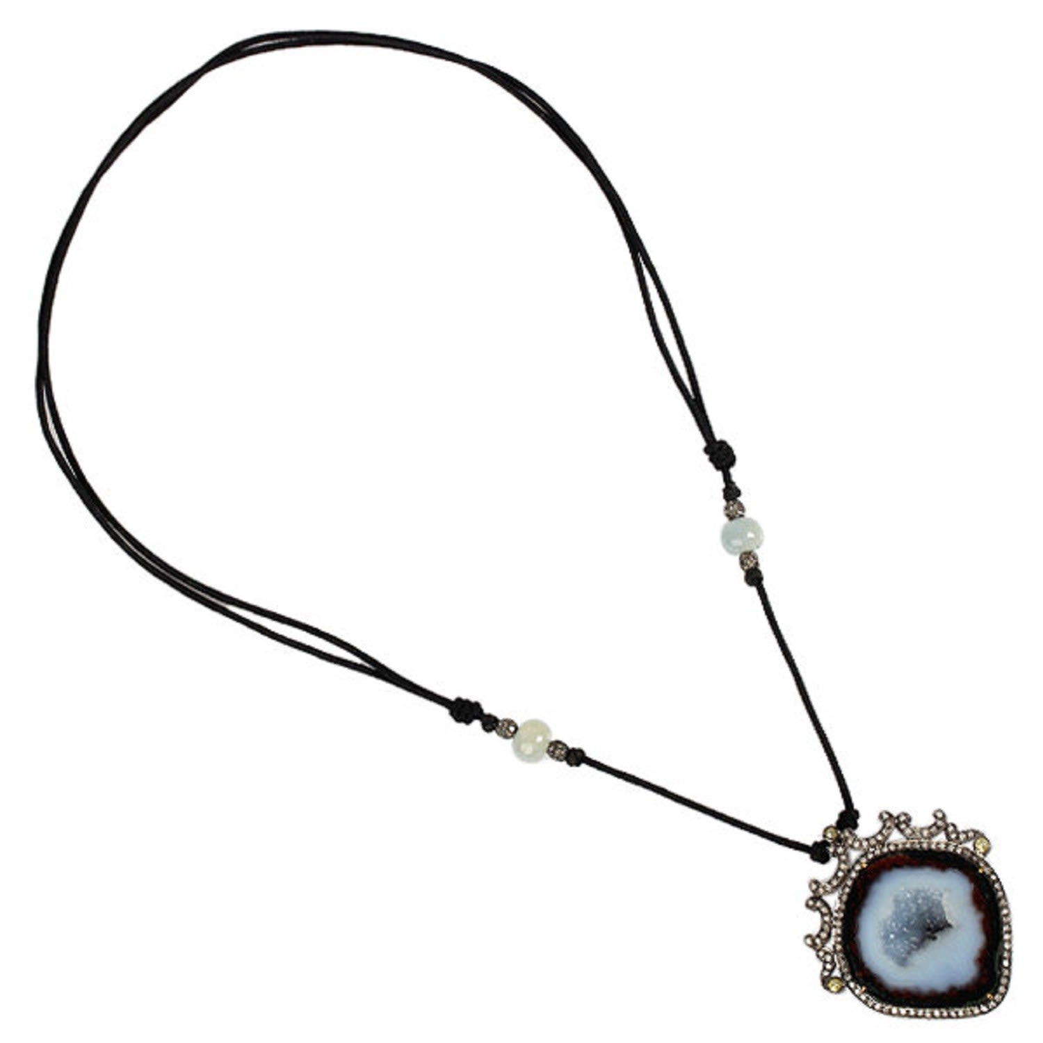 Women’s Black / Gold / Brown Pave Diamond 18Kt Gold 925 Sterling Silver Sapphire Geode Macramé Necklace Jewelry Artisan