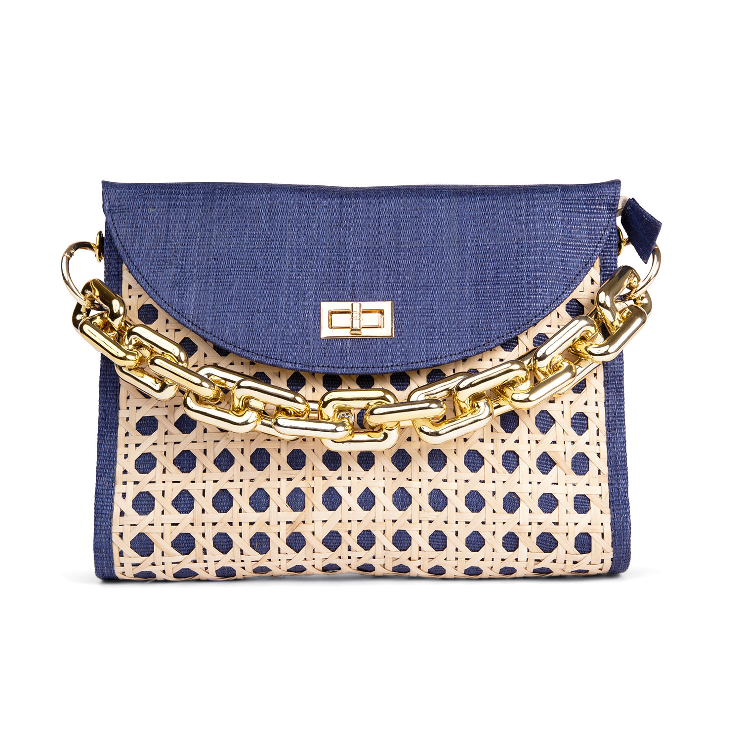 Women’s The Soleil Navy Blue Rattan Woven Clutch With Large Gold Chain Soli & Sun