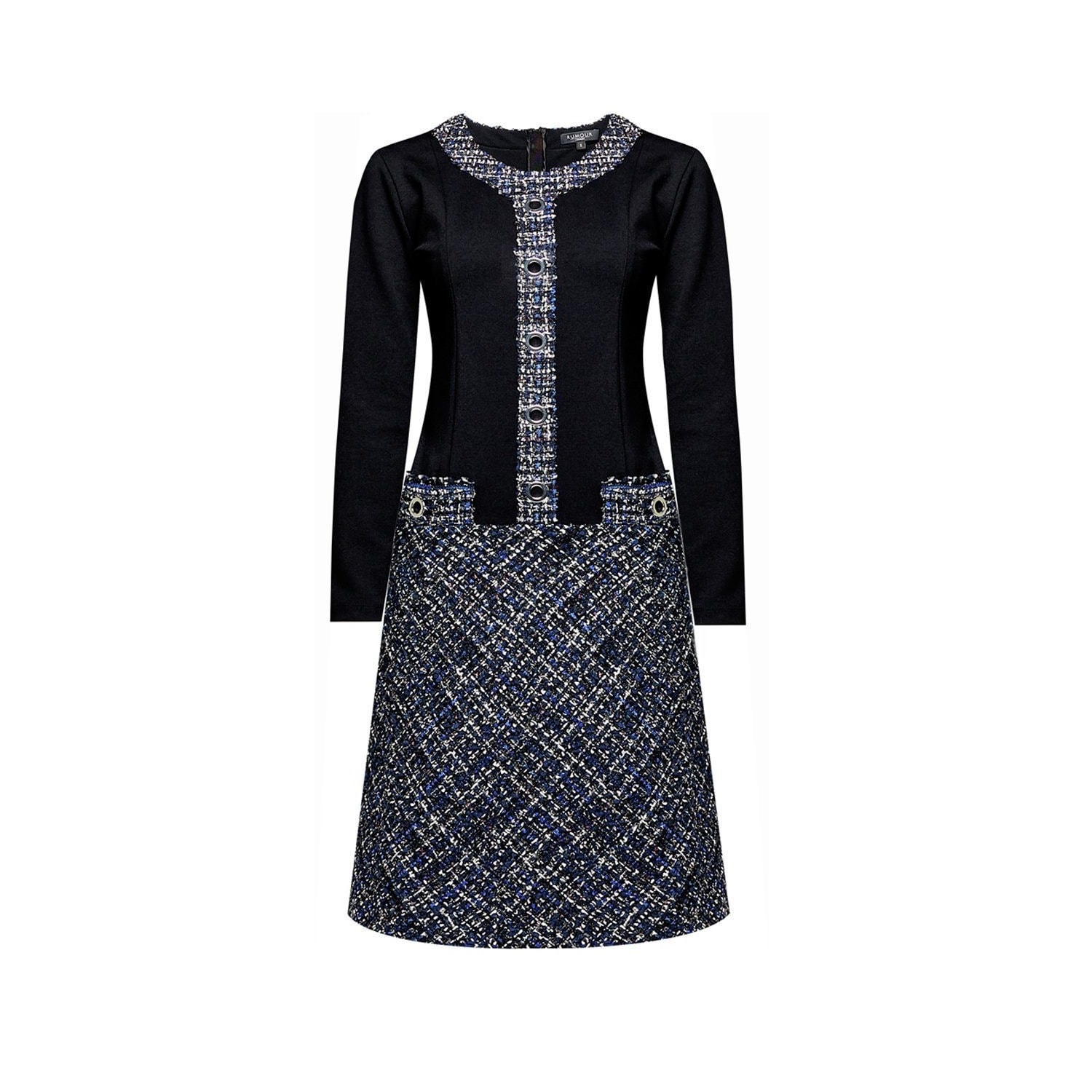 Women’s Black / Blue Beatrice Jersey Dress With Blue Tweed Skirt Extra Small Rumour London