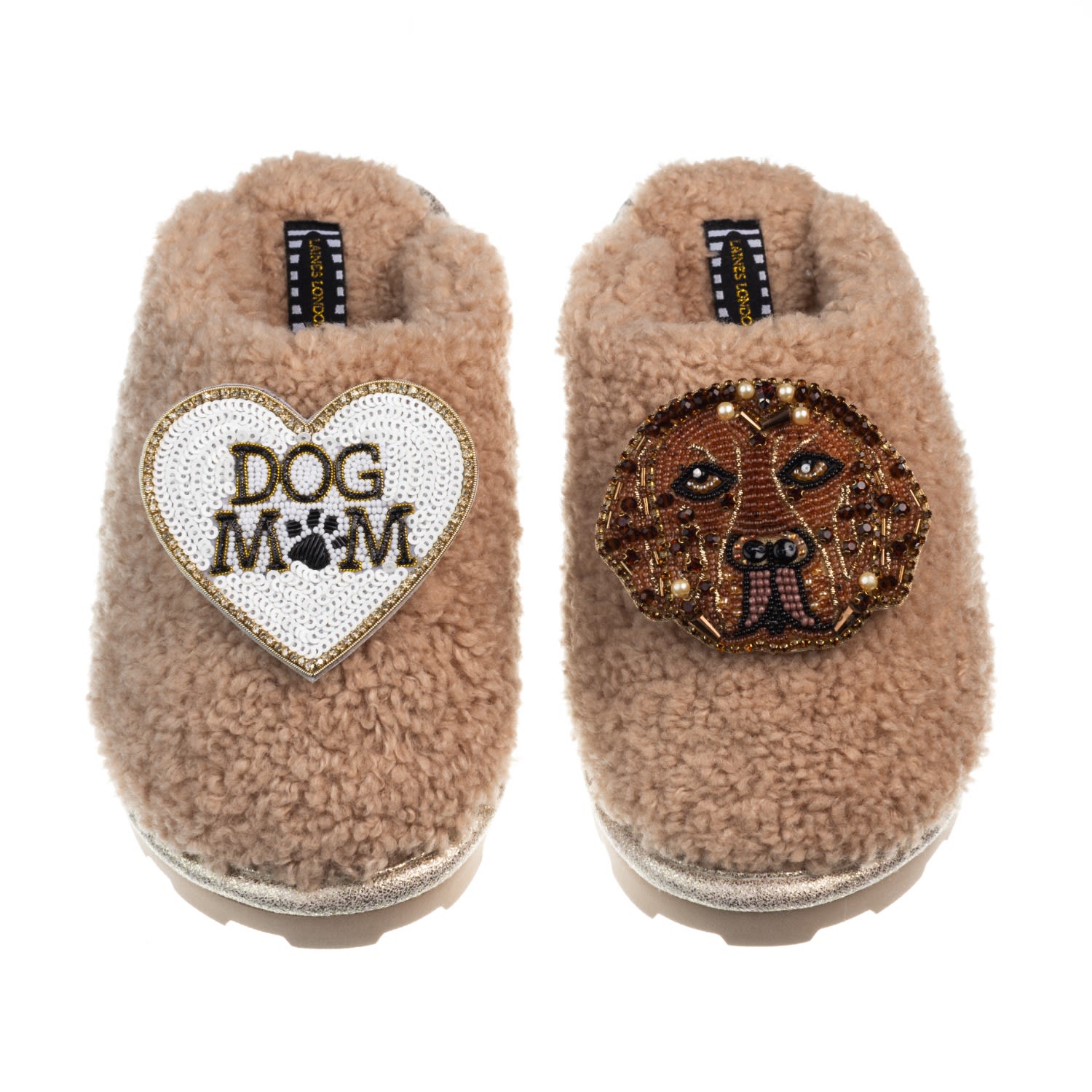 Women’s Brown Teddy Closed Toe Slippers With Rocco The Chocolate Lab & Dog Mum / Mom Brooches - Toffee Extra Large Laines London