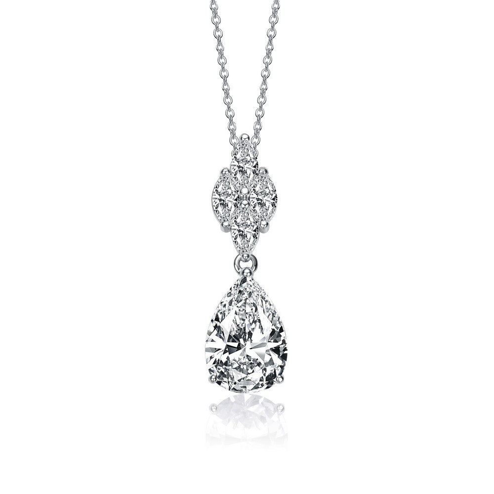Women’s White / Silver Sterling Silver With Rhodium Plated Clear Pear With Marquise Cubic Zirconia Cluster Accent Drop Necklace Genevive Jewelry