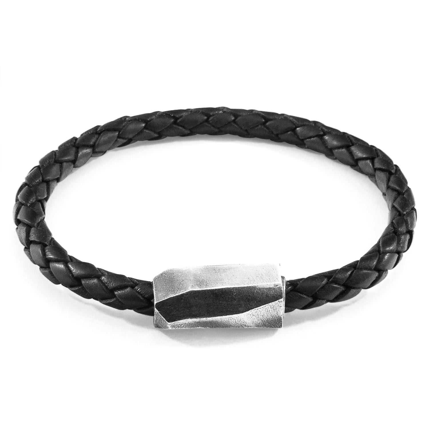 Men’s Midnight Black Hayling Silver & Braided Leather Bracelet Anchor & Crew