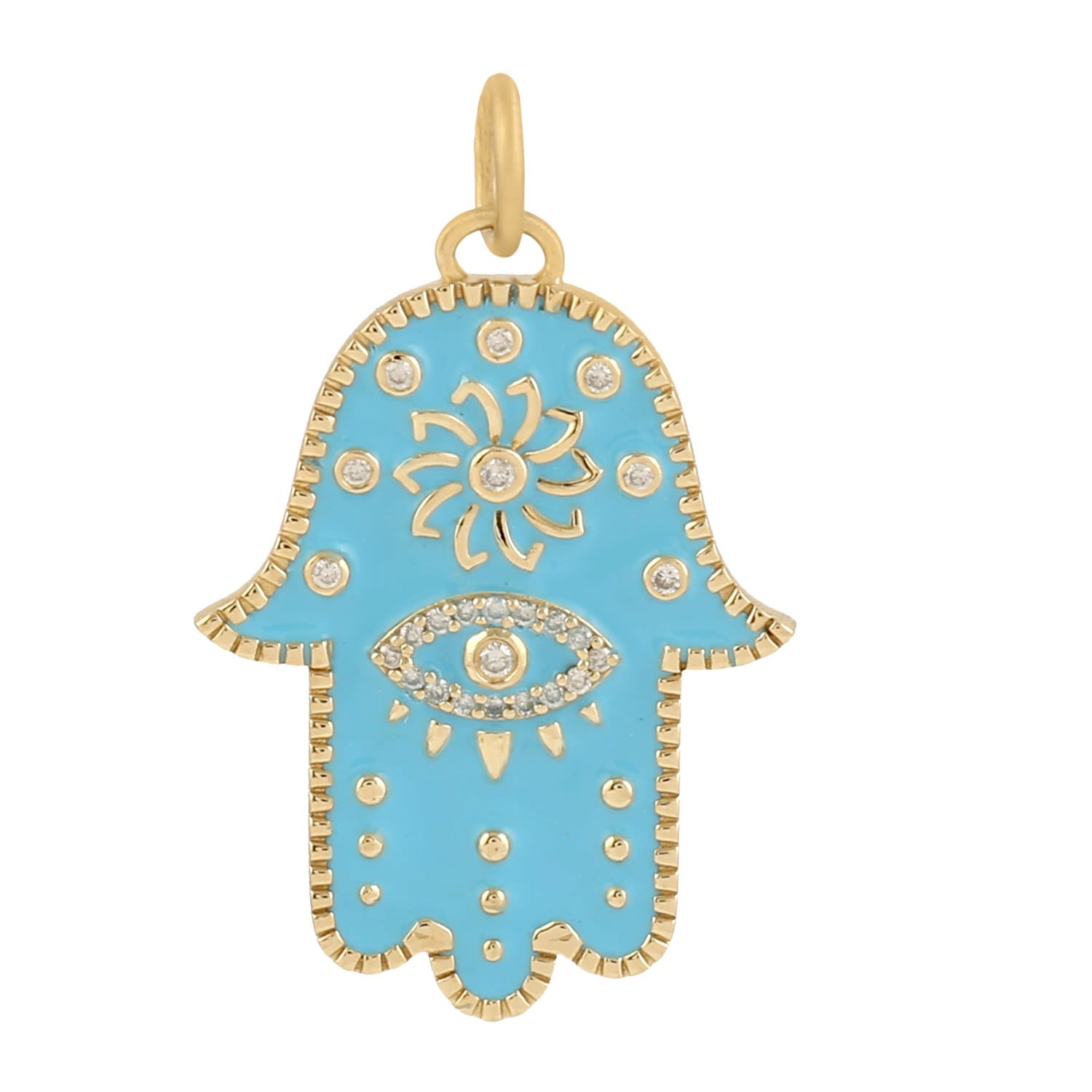 Women’s White / Gold Yellow Gold Enamel Hamsa Evil Eye Charm Pendant Diamond Handmade Artisan