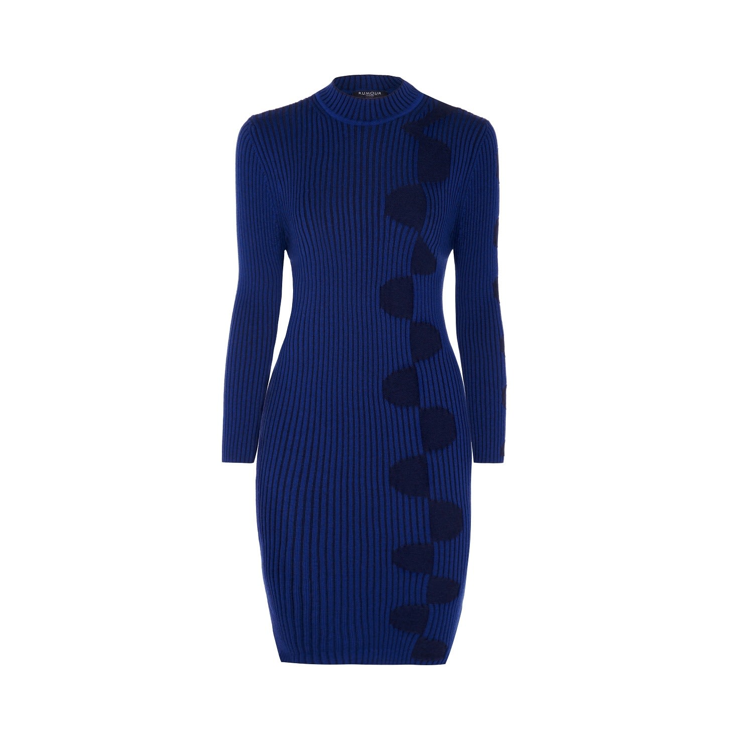 Women’s Blue Luna Two-Tone Ribbed Knit Dress With Graphic Detail In Navy Small Rumour London