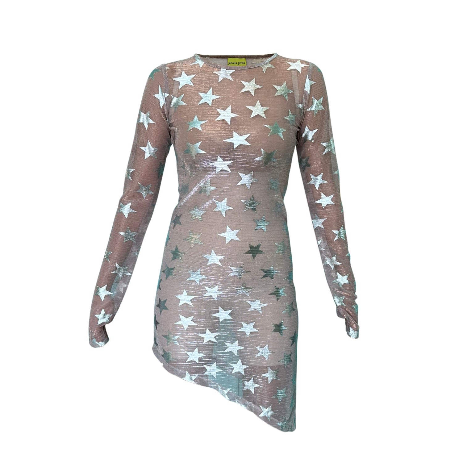 Women’s Pink Shimmering Mesh Long Sleeve Asymmetric Bodycon Mini Dress With Silver Stars Extra Small Janara Jones