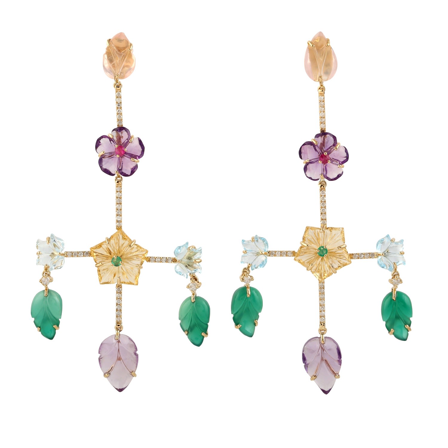 Women’s Natural Diamond 18K Yellow Gold Carved Flower Gemstone Chandelier Earrings Jewelry Artisan