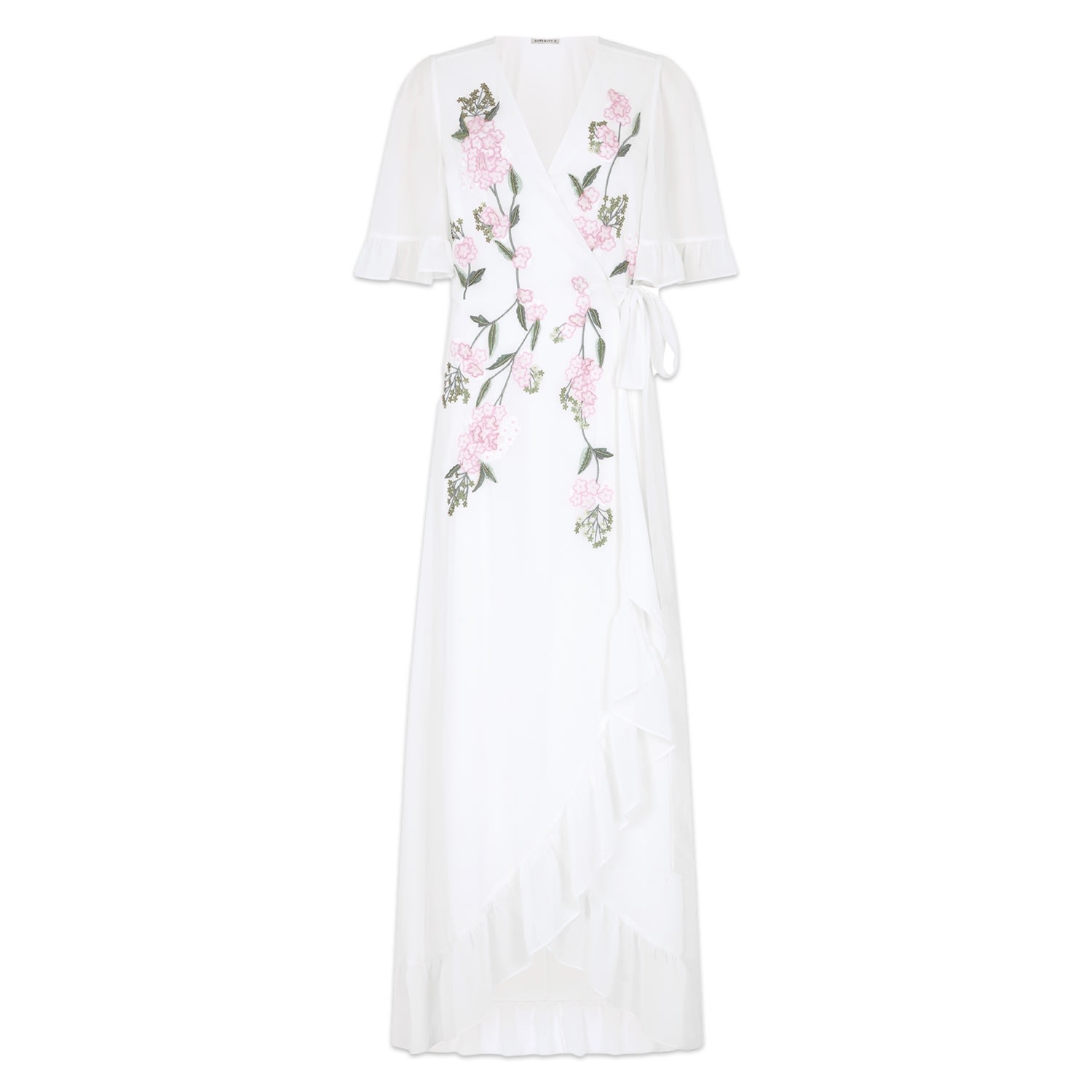 Women’s White The Amberley 3D Floral Frill Sleeve Maxi Wrap Dress With Tie Waist Xxs Hope and Ivy