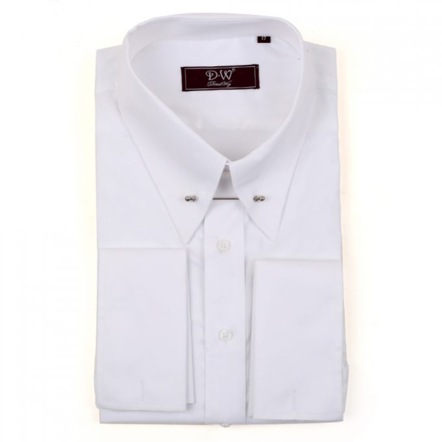 Men’s Pin Collar Double Cuff Fine Twill Shirt - White - White 15.5" David Wej