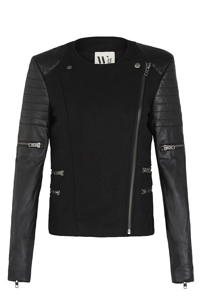 Women’s Greenwich St Motor Jacket In Black Wool & Black Leather Large West 14Th