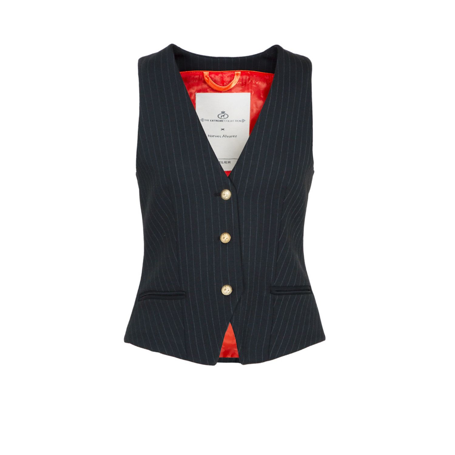 Women’s Black Pinstripe Premium Crepe Vest With Three Golden Buttons Medium The Extreme Collection