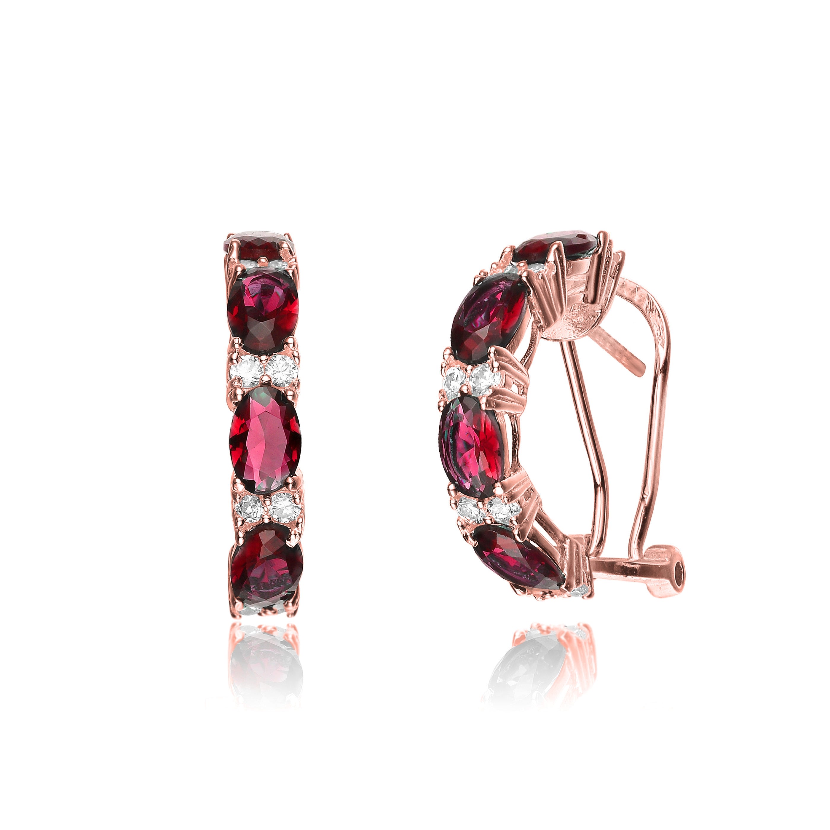 Women’s Rose Gold / Red Rose Gold Plated With Ruby & Cubic Zirconia Half Hoop Earrings In Sterling Silver Genevive Jewelry