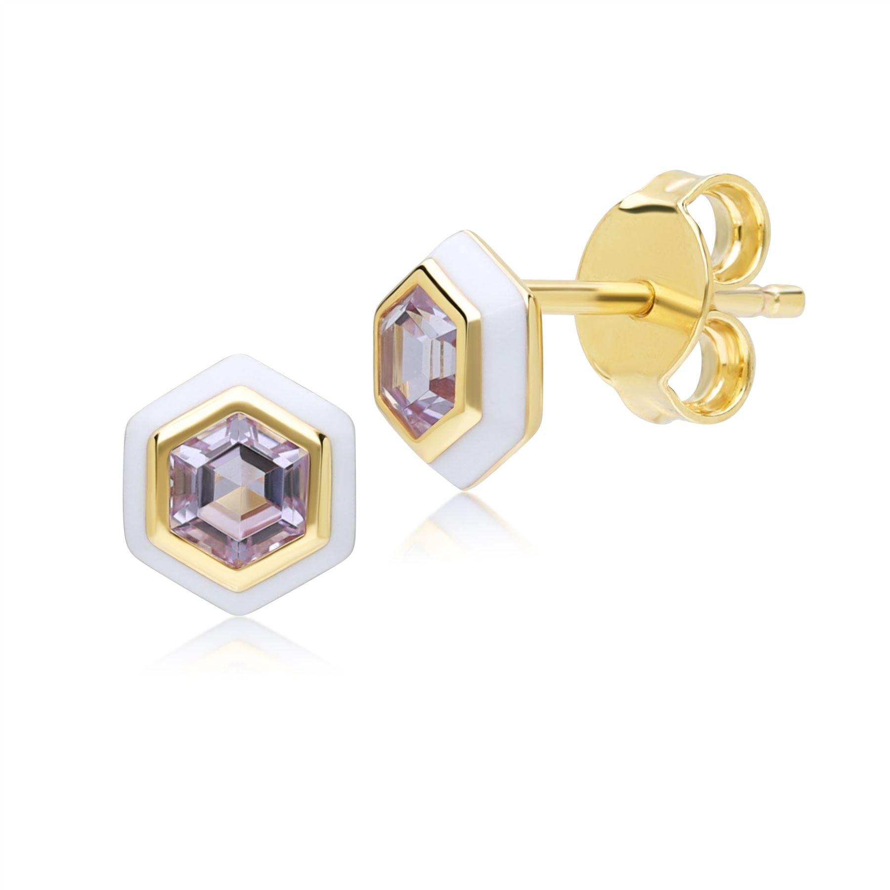 Women’s Pink / Purple / White Geometric Hex Pink Amethyst & White Enamel Stud Earrings In Gold Plated Sterling Silver Gemondo