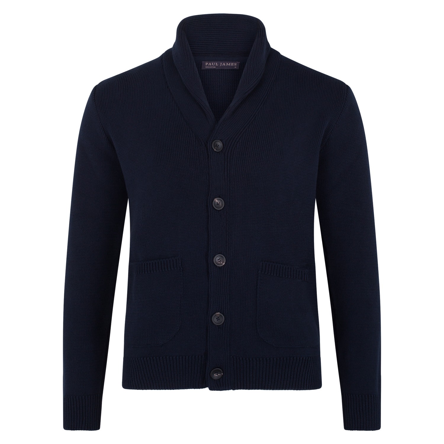 Blue Mens Midweight Cotton Shawl Collar Sebastian Cardigan - Navy Medium Paul James Knitwear