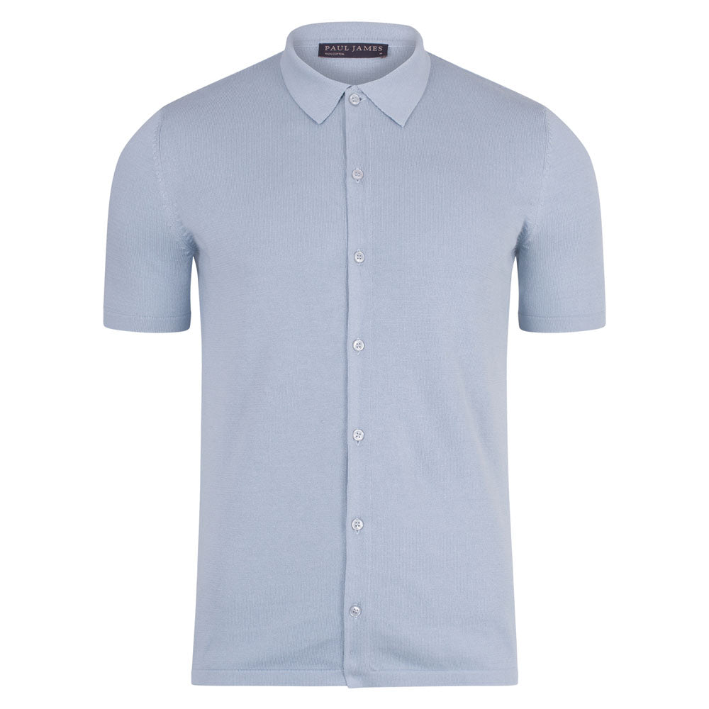 Mens Cotton Short Sleeve Marshall Shirt - Chalk Blue Small Paul James Knitwear