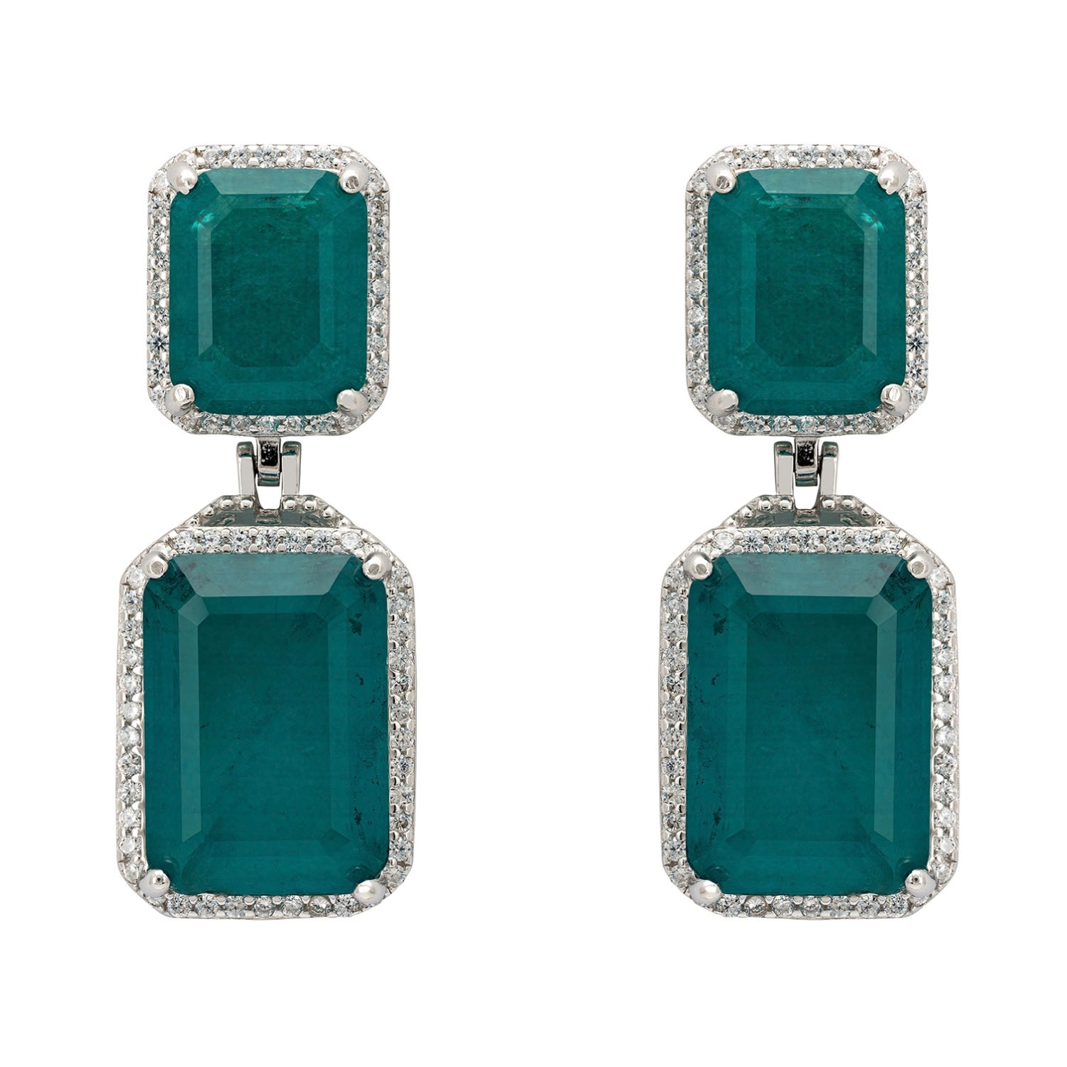 Women’s White / Green / Silver Serenade Rectangle Emerald Drop Earrings Silver Latelita