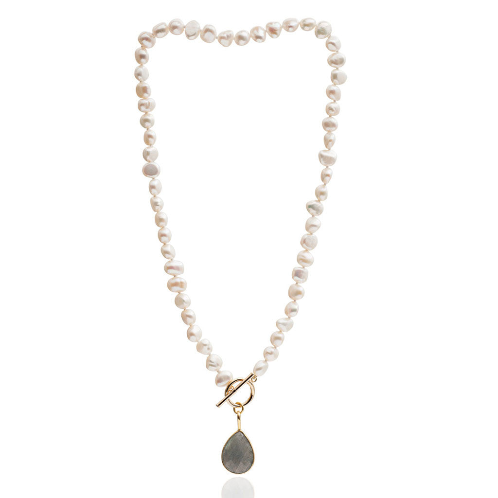 Women’s Neutrals / White Clara Cultured Irregular Freshwater Pearl Necklace With Labradorite Gold Vermeil Drop Pearls of the Orient Online