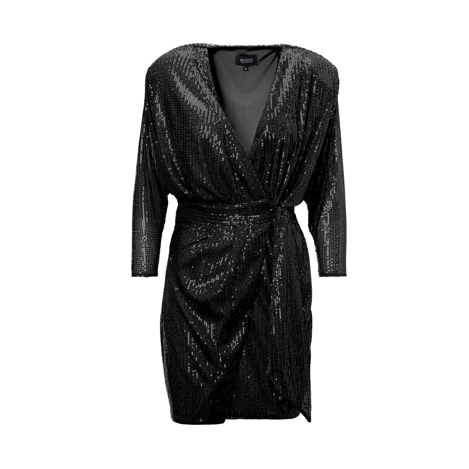 Women’s Black Sequin Mini Dress With Draping Detail And Scarf Extra Small Bluzat