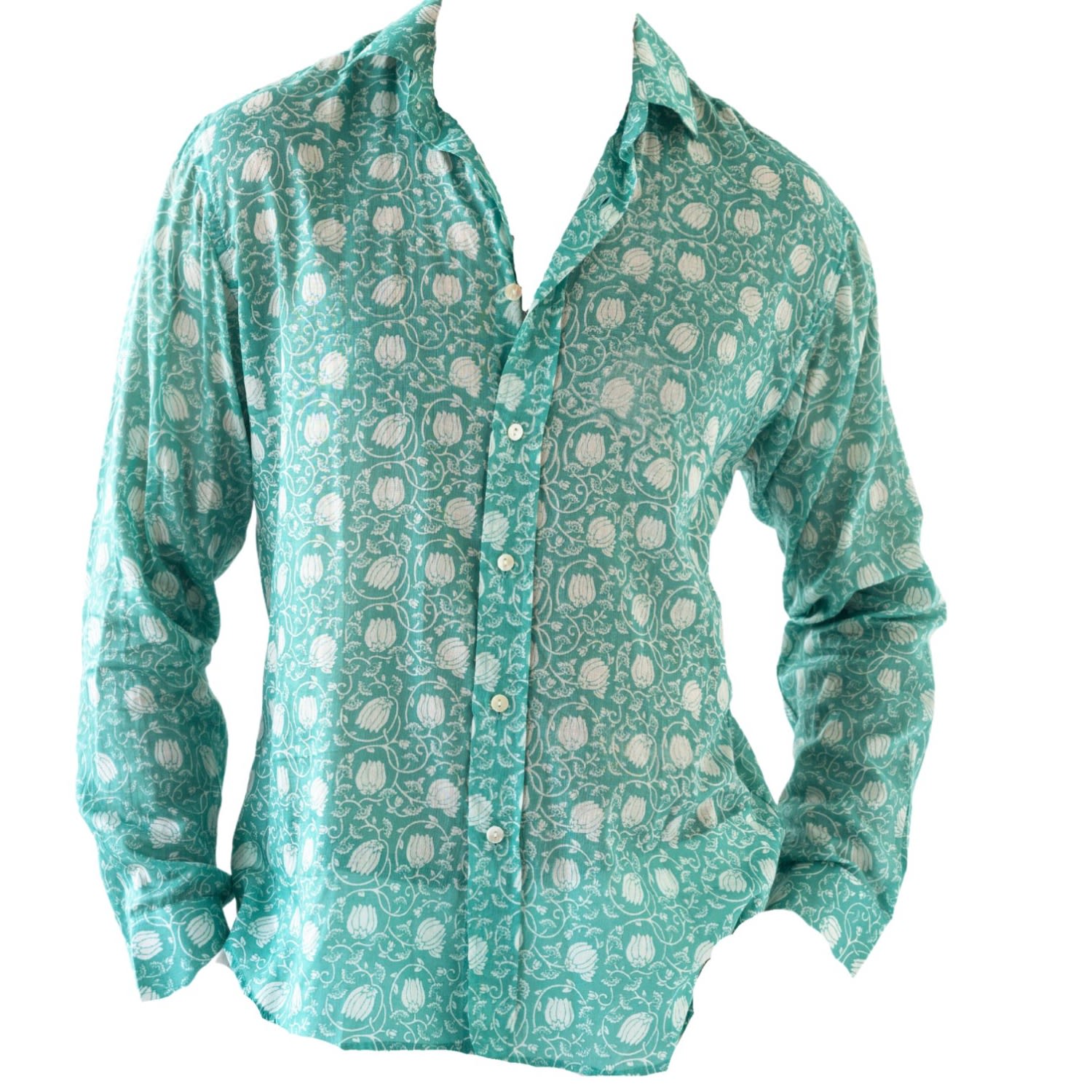 Men’s Green Turquoise Mul Cotton Blockprint Shirt Small Otherland Club