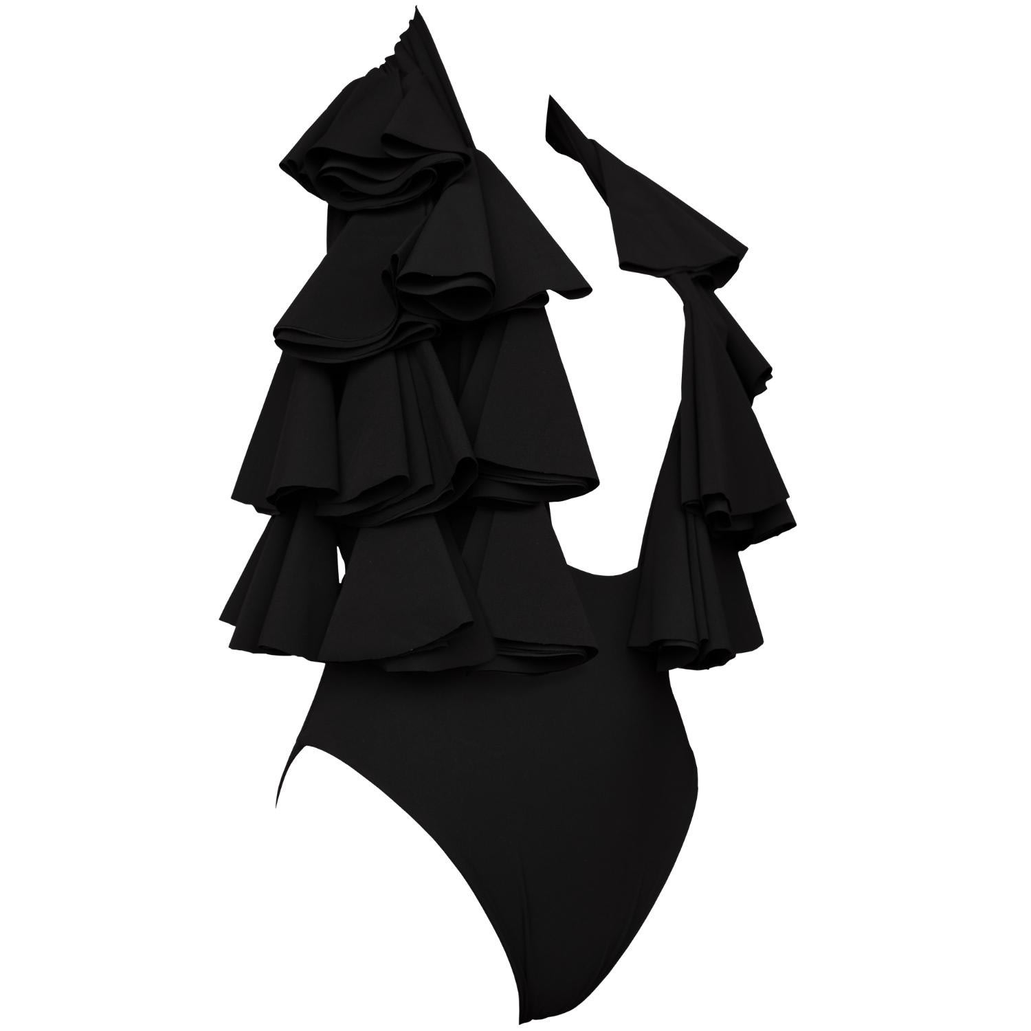 Women’s Aura Deep Plunge Halter Neck Swimsuit With Ruffles In Black Medium Antoninias