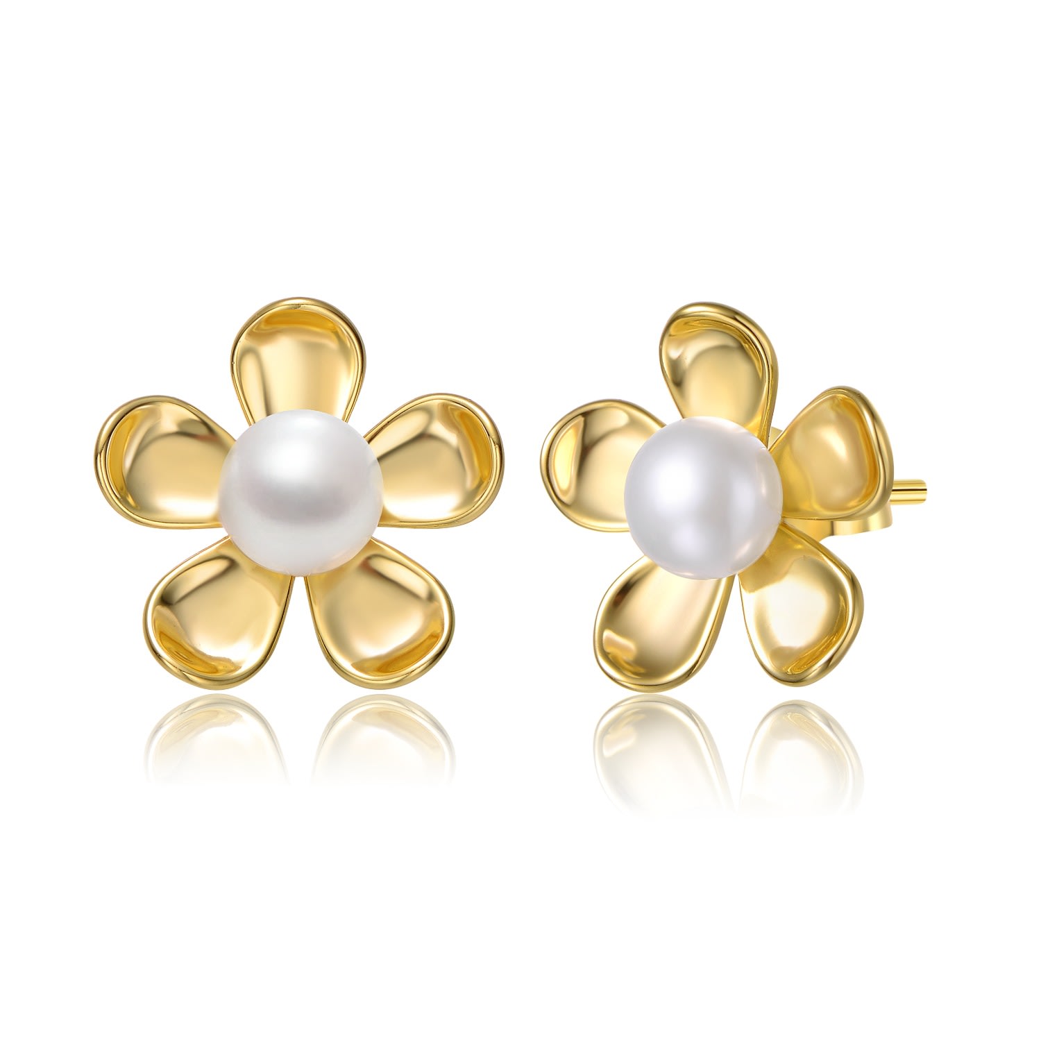 Women’s Sterling Silver Yellow Gold Plated White Pearl Blooming Daisy Flower Stud Earrings Genevive Jewelry