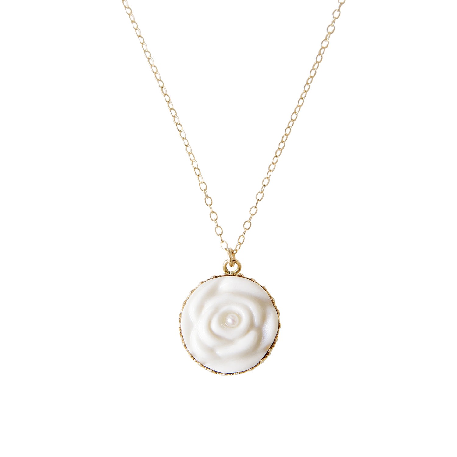Women’s White Porcelain Rose With Pearl Gold Filled Necklace Poporcelain