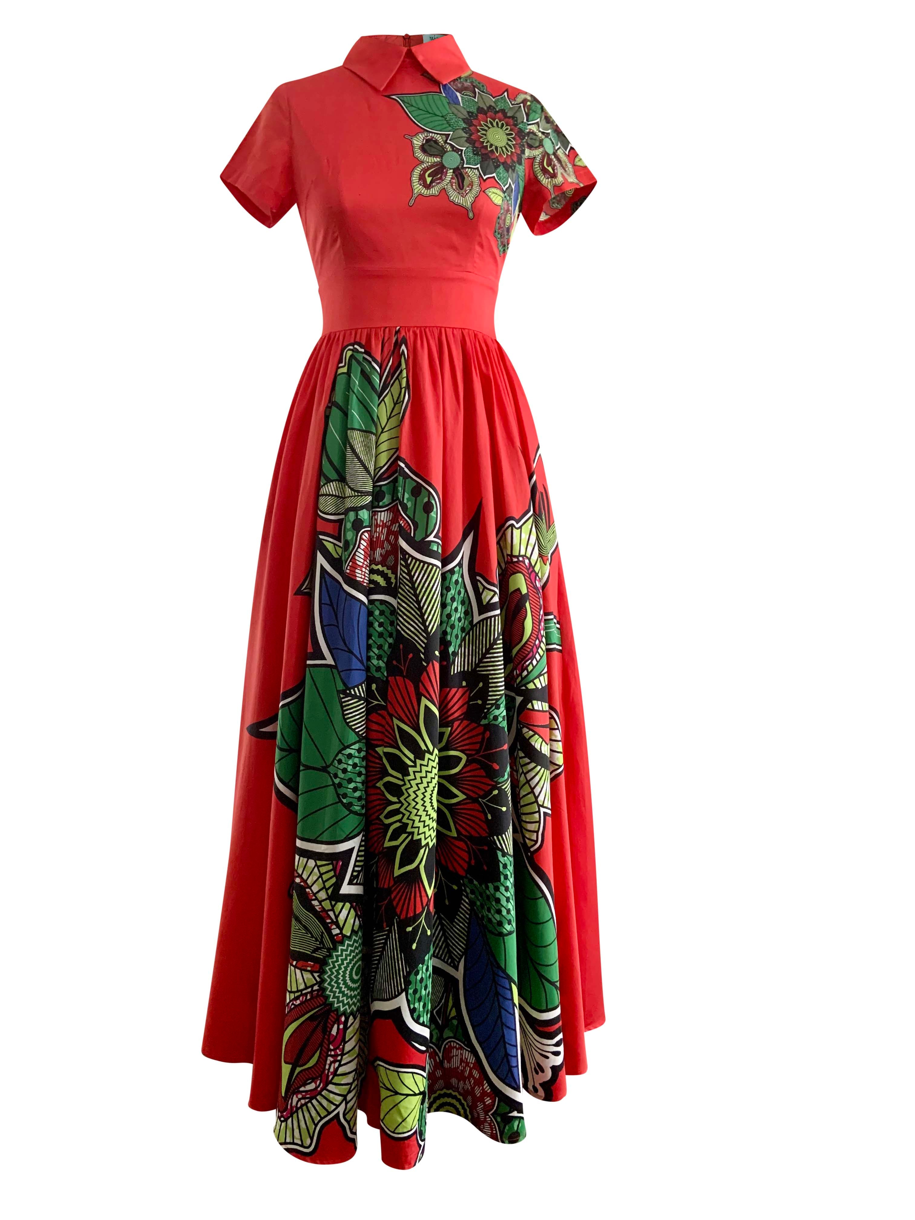 Women’s Victoria Cotton Print Floral Maxi Dress- Red Small Rahyma