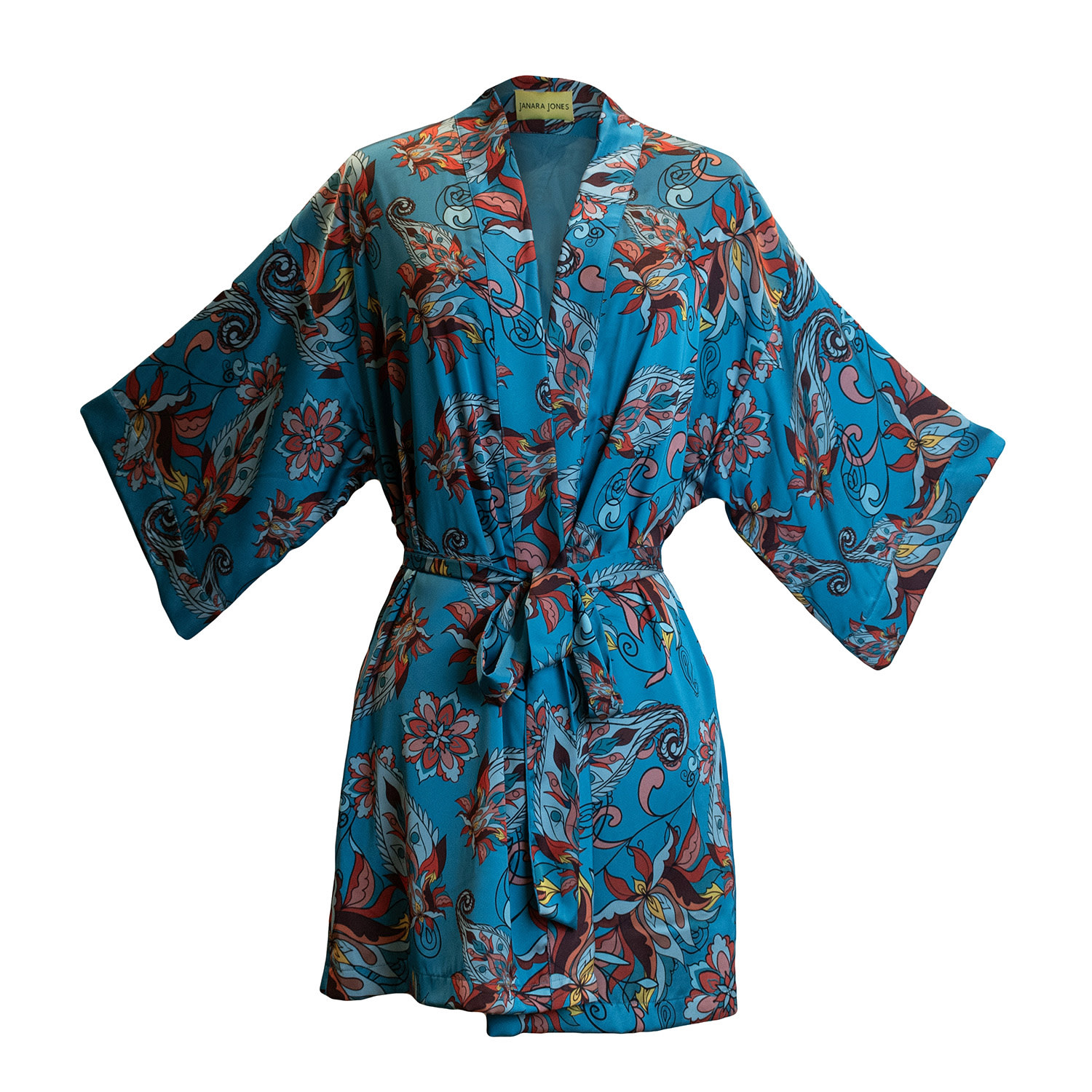 Women’s Blue Floral Paisley Print Satin Long Sleeve Short Robe One Size Janara Jones