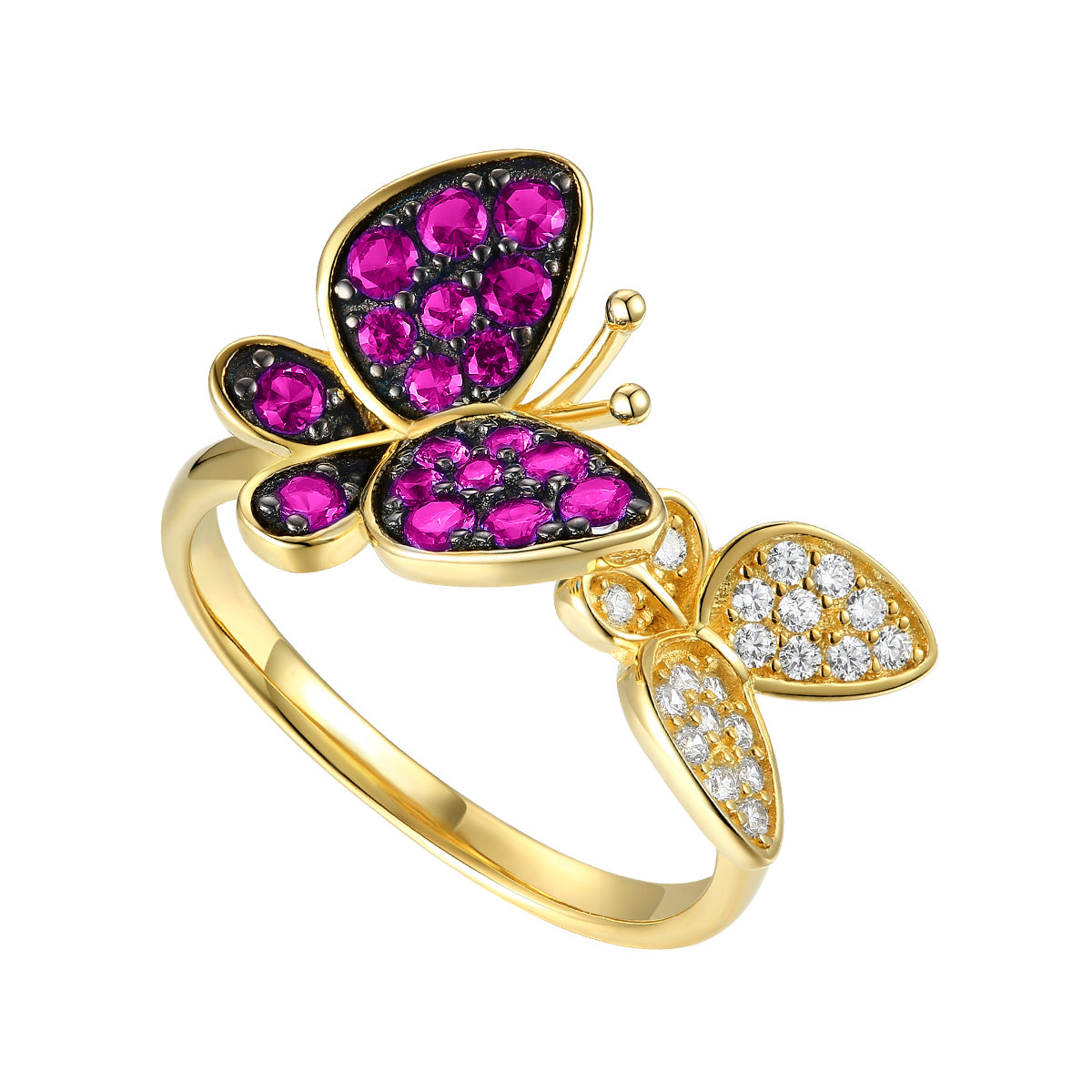 Women’s Gold / Pink / Purple Gold Plated Sterling Silver Ruby & Diamond Cubic Zirconia Double Butterfly Stacking Ring Genevive Jewelry