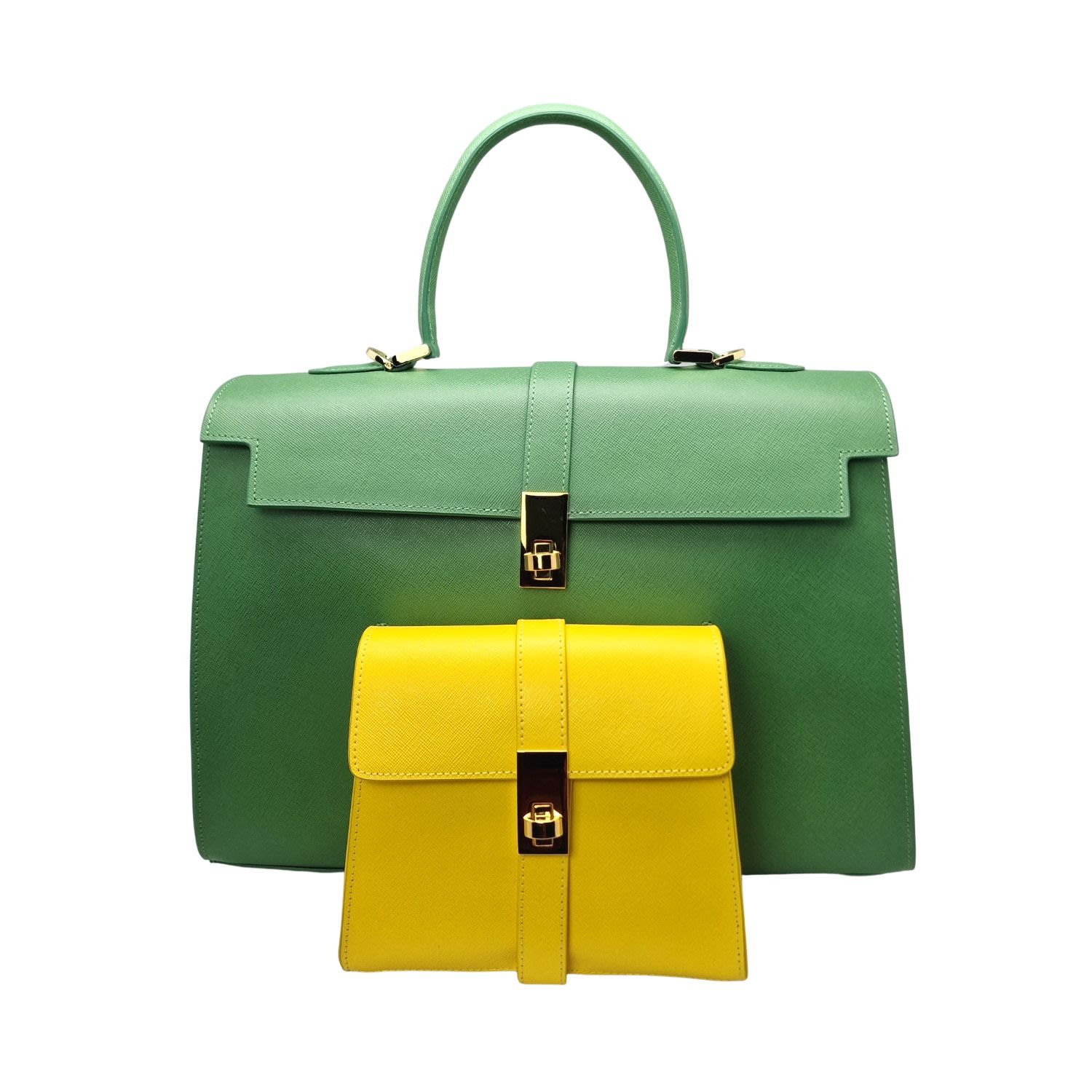 Women’s Ethereal Double Dose Bag In Saffiano Calf Leather - Green & Yellow Tote London