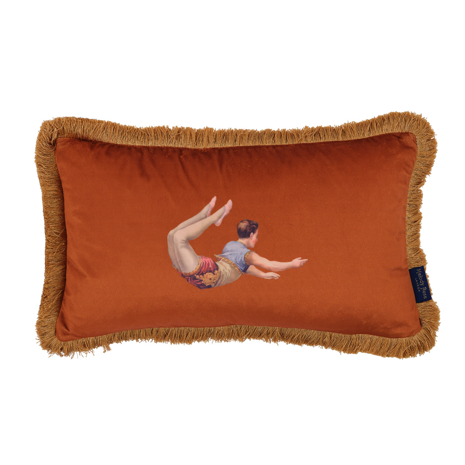 Yellow / Orange Trapeze Boy & Stripes Rectangle Velvet Cushion Burnt Orange Melody Rose London