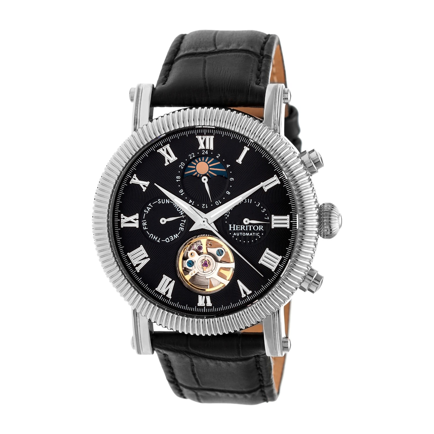 Men’s Silver / Black Winston Semi-Skeleton Leather-Band Watch With Day And Date - Black, Silver One Size Heritor Automatic
