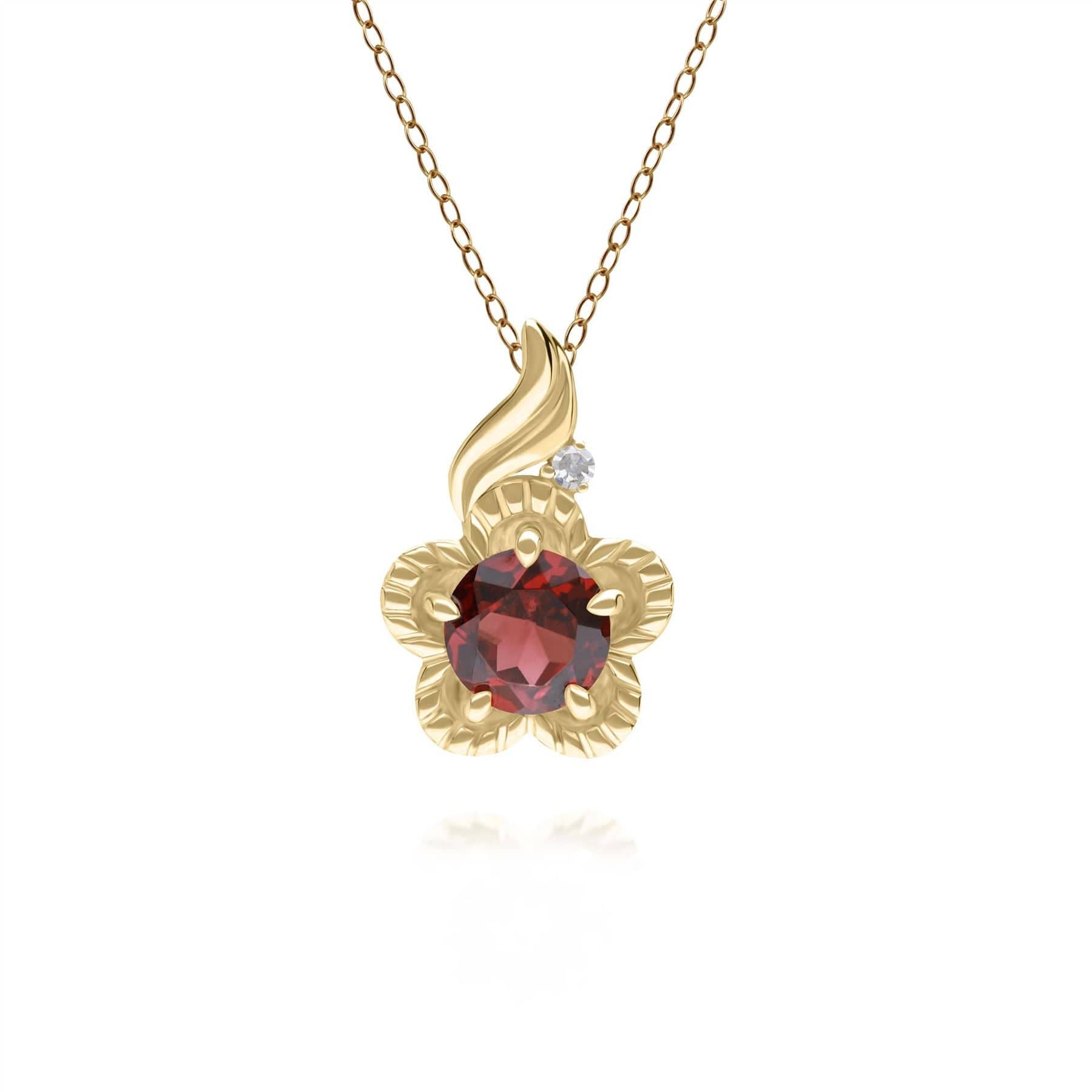 Women’s Red Floral Round Garnet & Diamond Pendant In Yellow Gold Gemondo