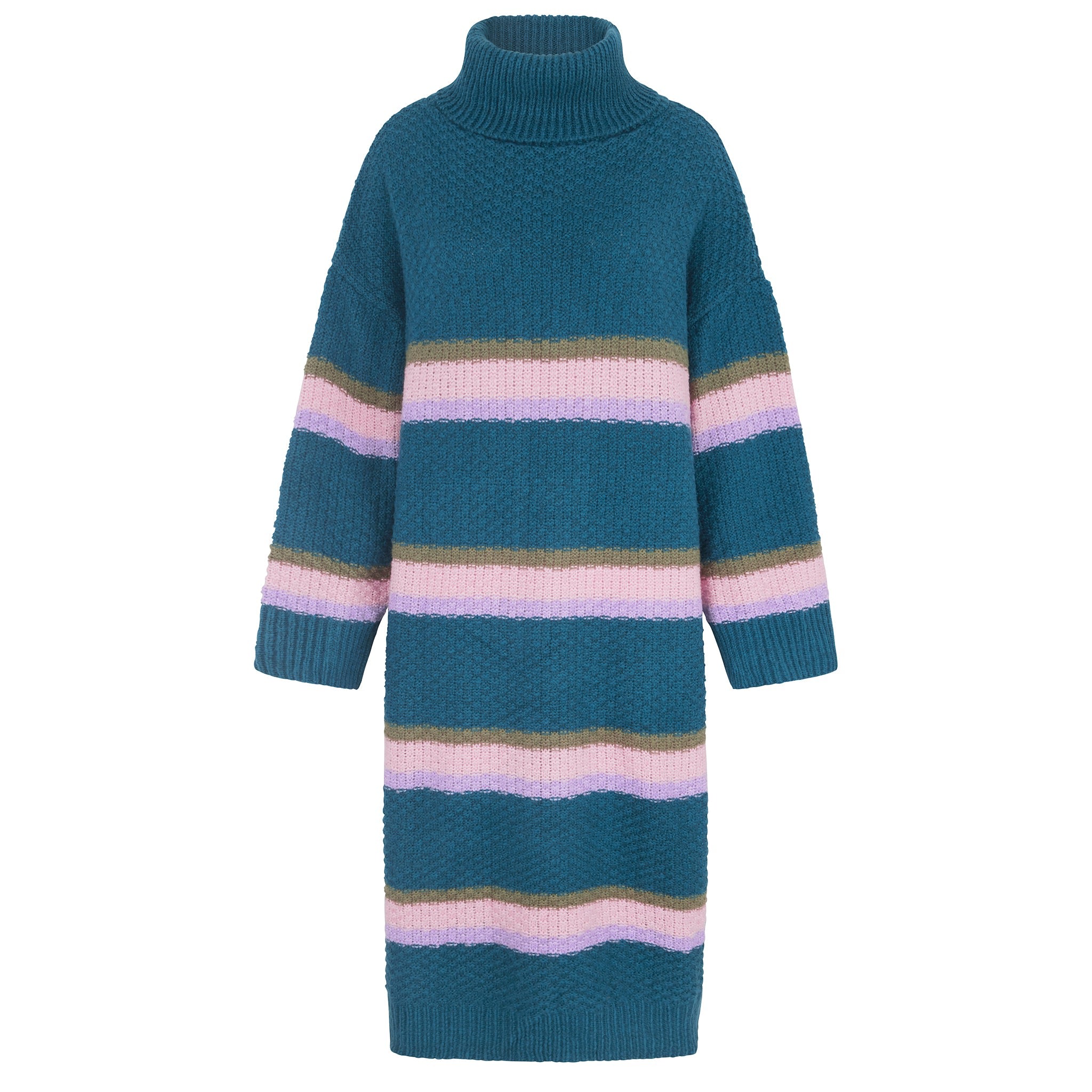 Women’s Blue Tanya Roll Neck Stripe Knitted Midi Dress - Teal Medium Cara & the Sky