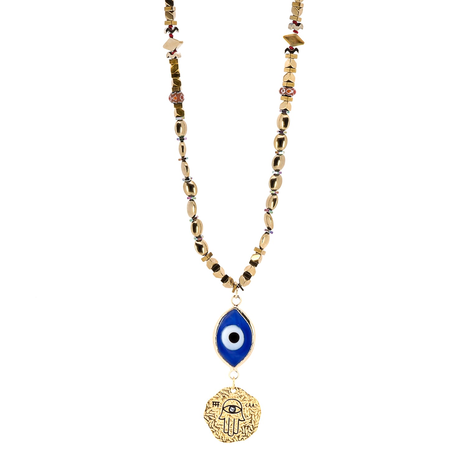 Women’s Gold / Blue Good Luck Evil Eye & Hamsa Necklace Ebru Jewelry