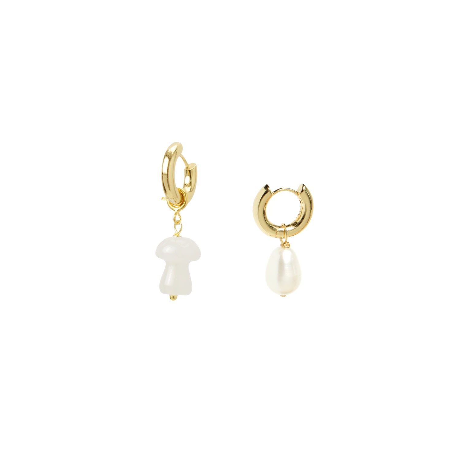 Women’s Organic Produce Mushroom & Freshwater Pearl Drop Gold Vermeil Hoop Earrings, White Jade I’mmany London