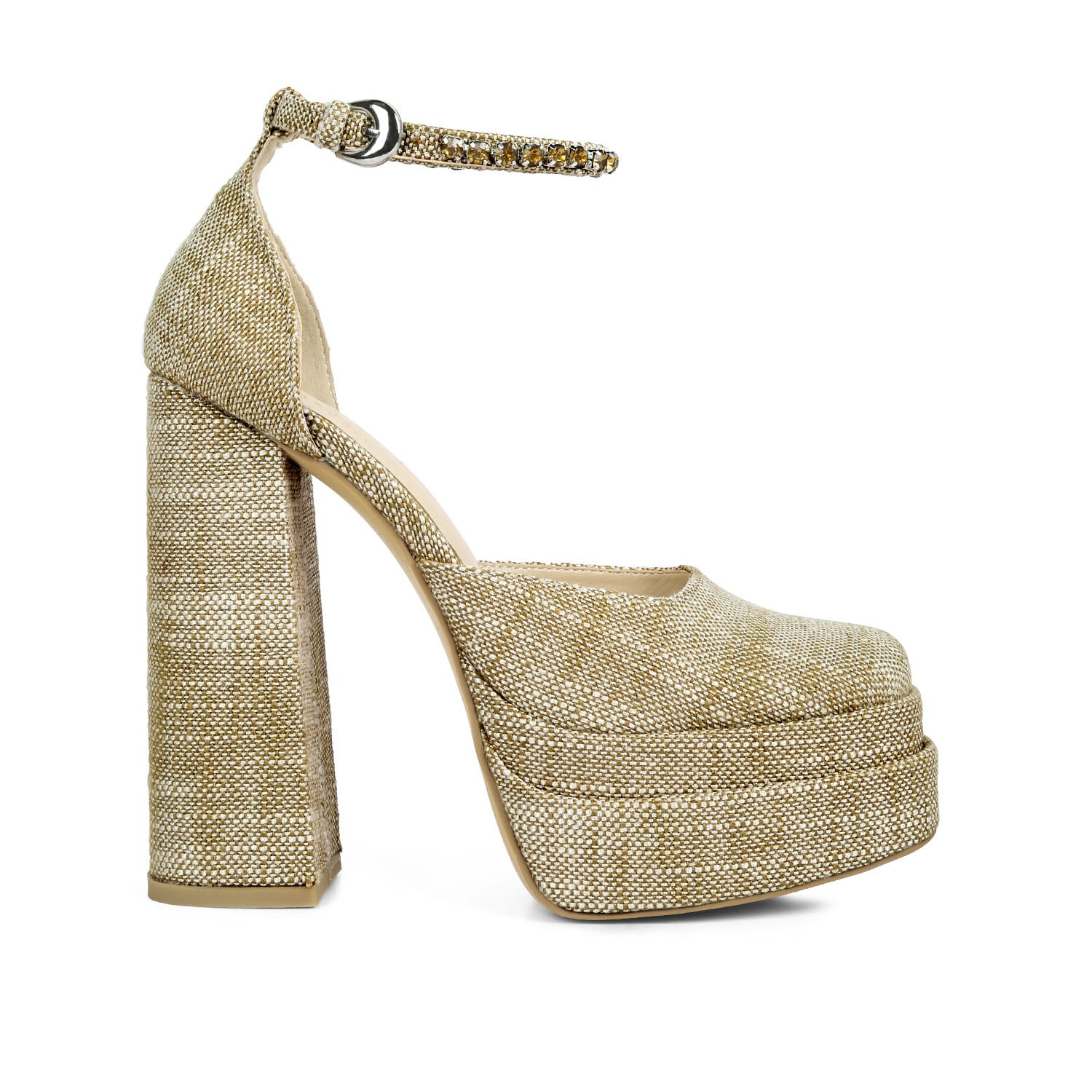 Women’s Gold Cosette Diamante Embellished Ankle Strap High Block Heel Sandals In Beige 8 Uk Rag & Co.