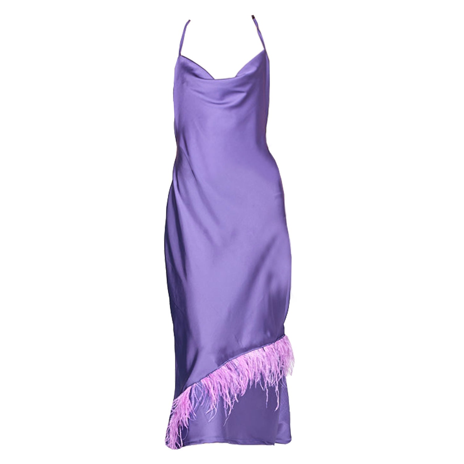 Women’s Pink / Purple Luxe Purple Cowl Neck Slip Dress With Magenta Pink Feather Trim S/M Formula S7