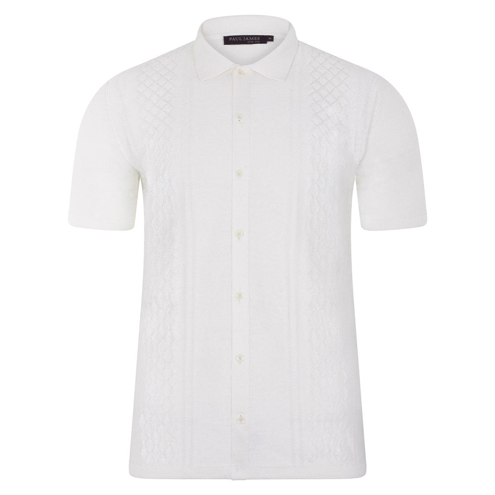Mens Lightweight Dante Cotton Linen Patterned Shirt - White Extra Large Paul James Knitwear
