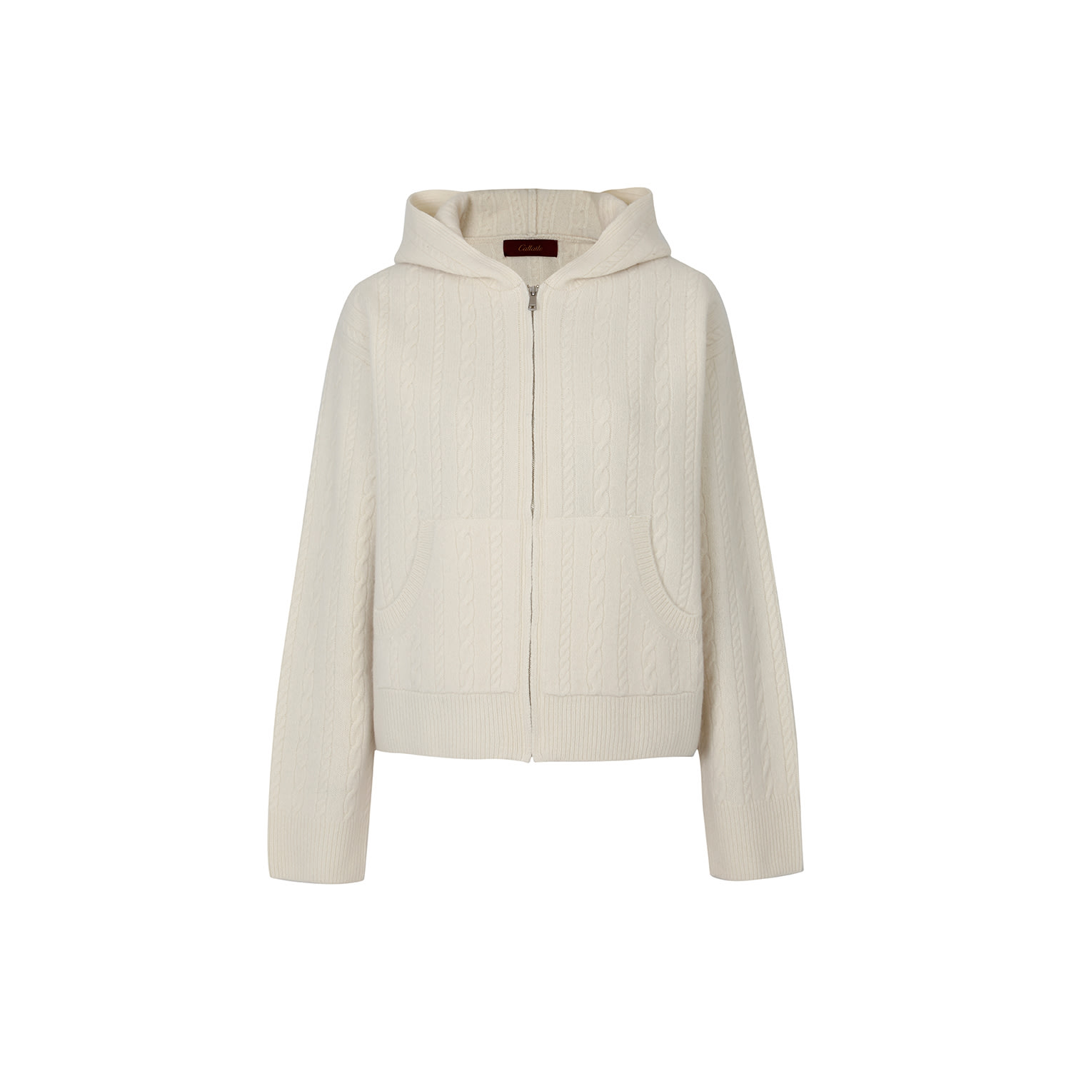 Women’s Neutrals Cashmere Blend Cable Hooded Zip Up Jumper-Ivory S/M Callaite