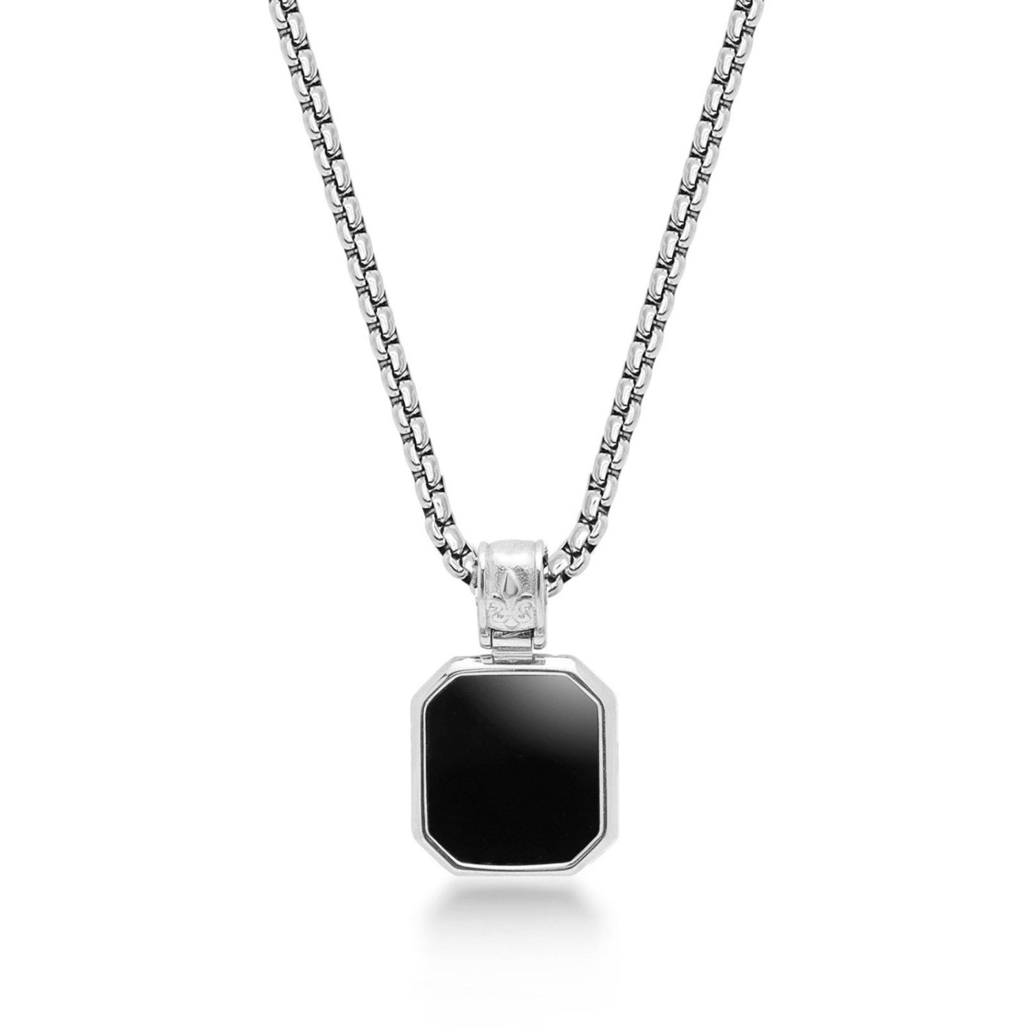 Men’s Black / Silver Silver Necklace With Square Matte Onyx Pendant Nialaya