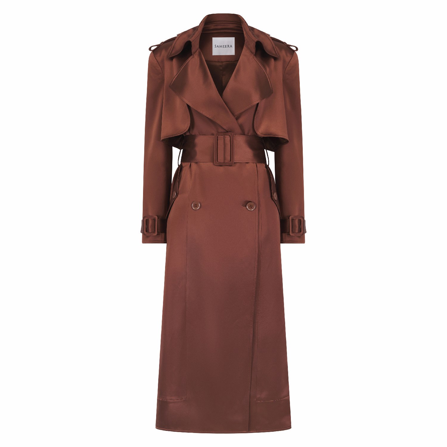 Women’s Maryam Brown Belted Satin Trench Coat Large Sameera